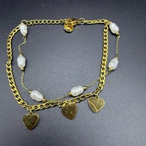 Gold Tone Heart Charm Bracelet with White Beads Stainless Steel